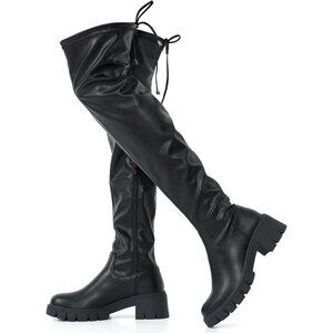 Women's Platform Boots-990-black Pu Over The Knee Thigh High Round Toe Long Boot